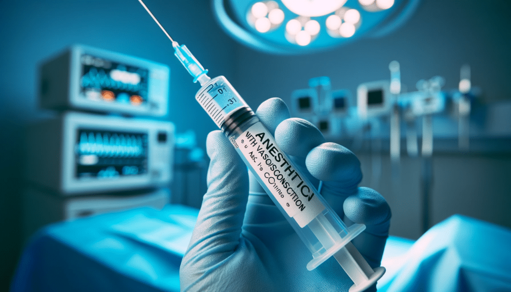 Photo of a close-up on a syringe labeled 'Anesthetic with Vasoconstrictor' against a backdrop of medical equipment. The syringe is held by a healthcar