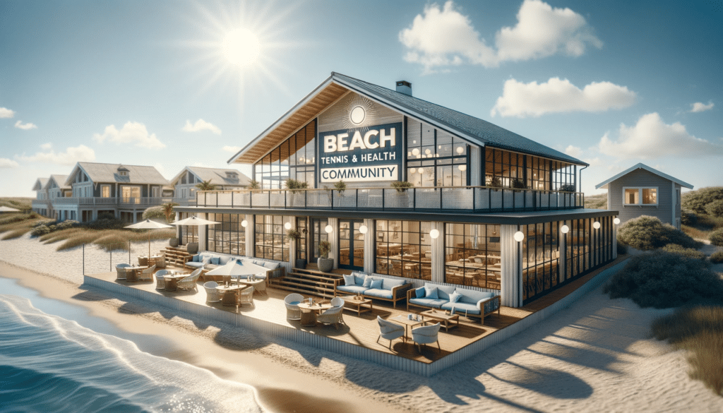 Photo of a coastal beach house in a serene seaside setting under a bright sunny sky. The house is modern and stylish featuring large glass windows 1