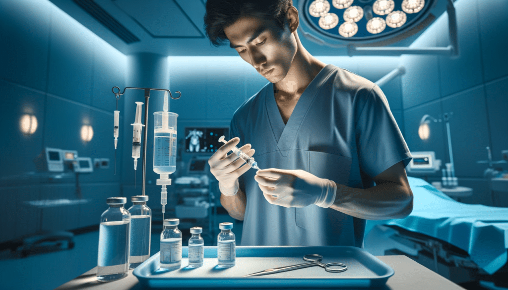 Photo of a healthcare professional in a modern, well-lit operating room, preparing a syringe of anesthetic with a vasoconstrictor. The anesthetic vial