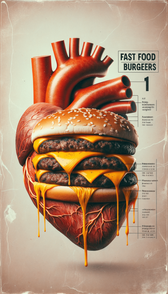 Photo of a juicy fast food burger dripping with cheese and grease. The background shows a faded artery with visible blockages. Overlaid text reads 1