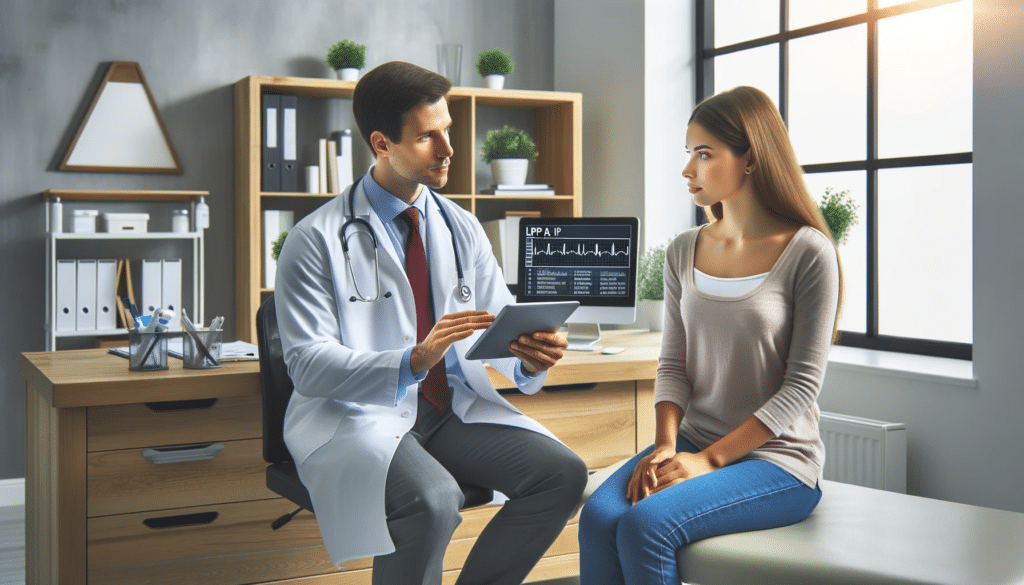 Photo of a medical office setting_ A modern doctor's consultation room with a male doctor and a female patient sitting face-to-face. The doctor is Lipoproteína A