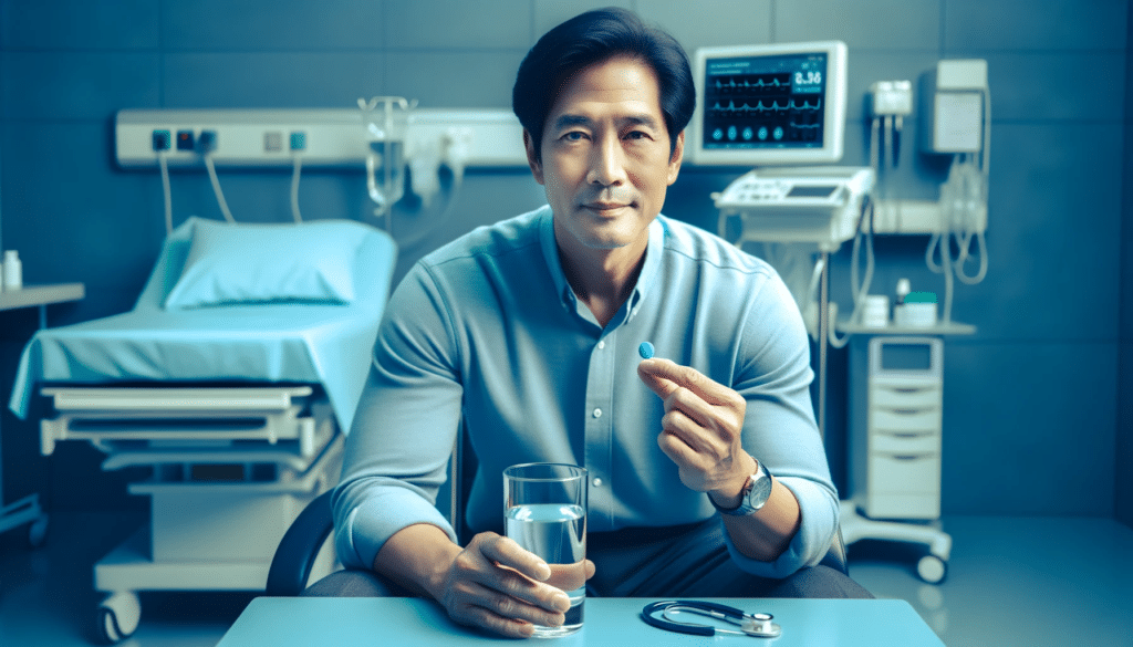 Photo of a middle-aged East Asian male patient in a clinical setting, wearing a light blue shirt, sitting and holding a pill of warfarin (blue tablet)