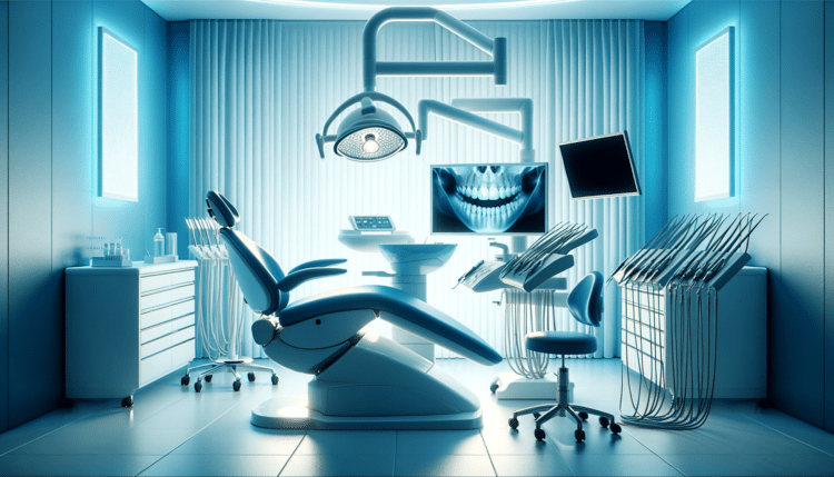Photo of a modern dental clinic room with advanced equipment, including a dental chair, monitors, and surgical tools, all bathed in a soft ciano blue operação de Procedimentos Odontológicos