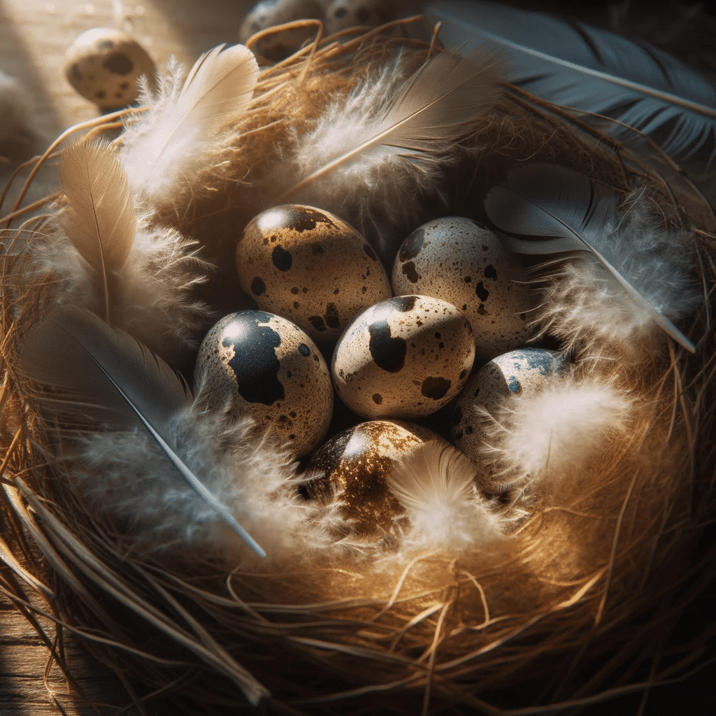 Photo of a nest with a few quail eggs nestled among soft grass and feathers, illuminated by warm sunlight from the right, casting gentle shadows