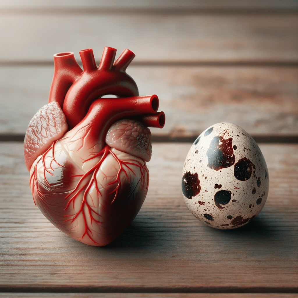 Photo of a quail egg placed next to a human heart model on a wooden table, with both items clearly in focus, showing the size comparison between the t.