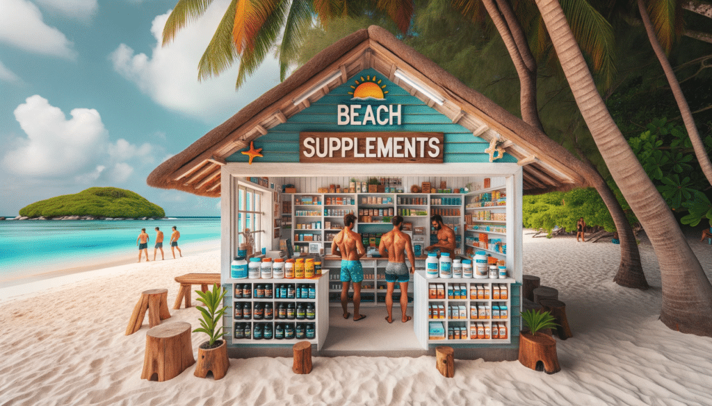 Photo of a quaint beach supplement shop set in a paradisiacal beach environment. The shop is small charming with a bright welcoming facade featurin