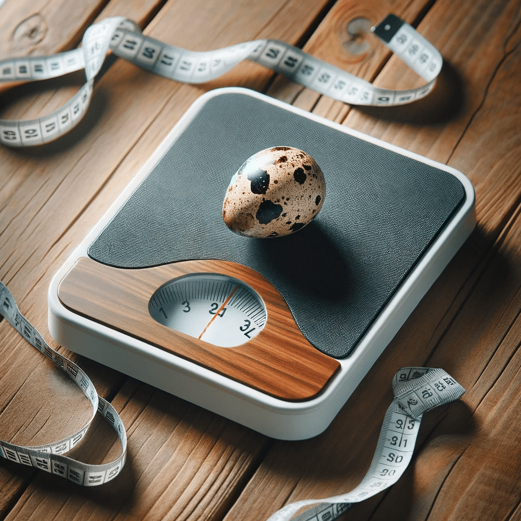 Photo of a scale with a single quail egg on it placed on a wooden floor with a tape measure partially coiled beside it indicating weight management
