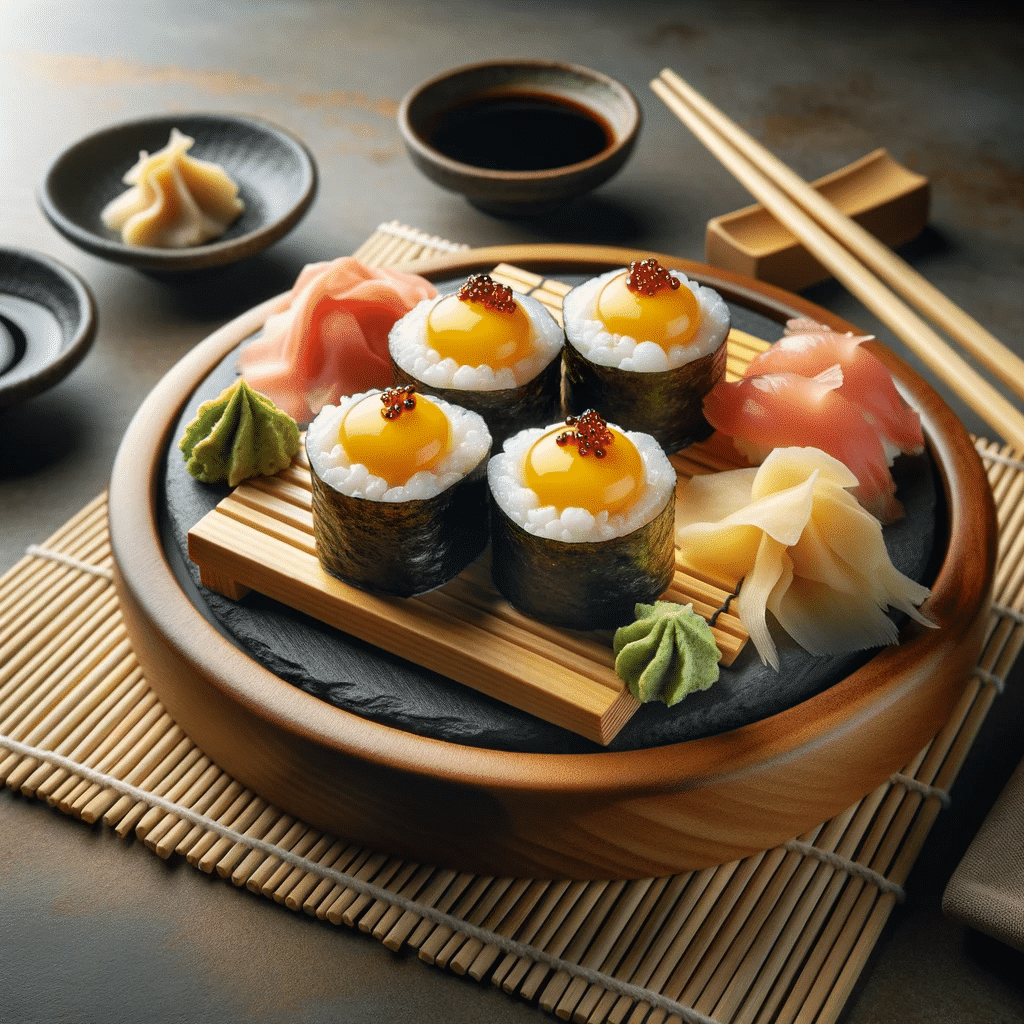 Photo of a sushi plate featuring nigiri topped with a raw quail egg yolk, surrounded by pickled ginger, wasabi, and soy sauce, set against a bamboo ma