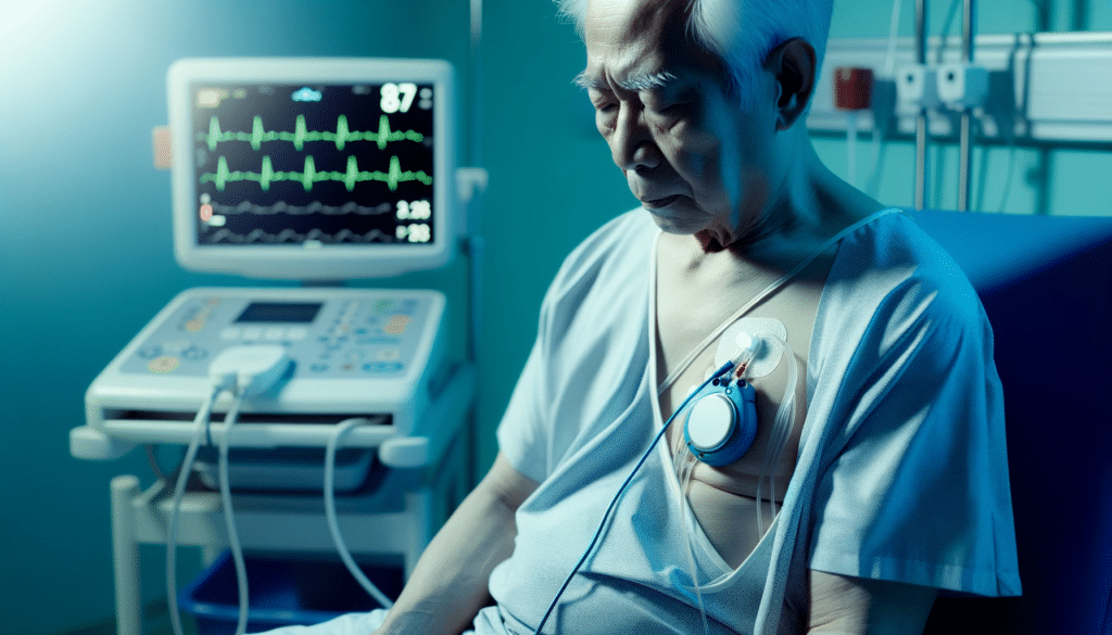 Photo of an elderly Asian male patient with a pacemaker, shown sitting in a hospital room. The scene is bathed in soft azul ciano lighting, highlighti.png