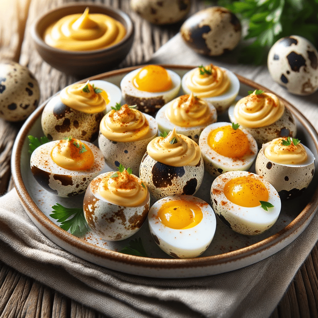 Photo of halved quail eggs neatly arranged on a plate, with their yolks mixed with creamy mayonnaise and tangy mustard, garnished with a sprinkle of p