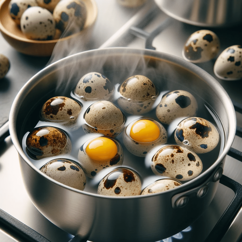 Photo of quail eggs boiling in a stainless steel saucepan on a stove, with steam rising from the water and some of the eggs slightly cracked revealing