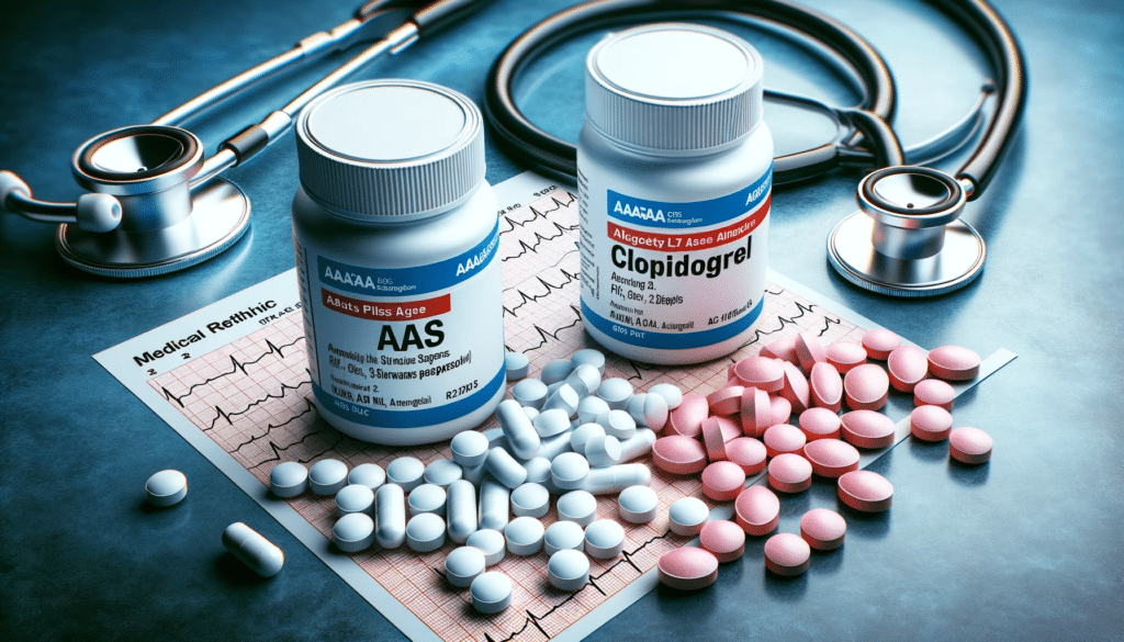 Photo of two pill bottles labeled 'AAS' and 'Clopidogrel' on a medical background. The AAS bottle has white, round pills spilling out, and the Clopido