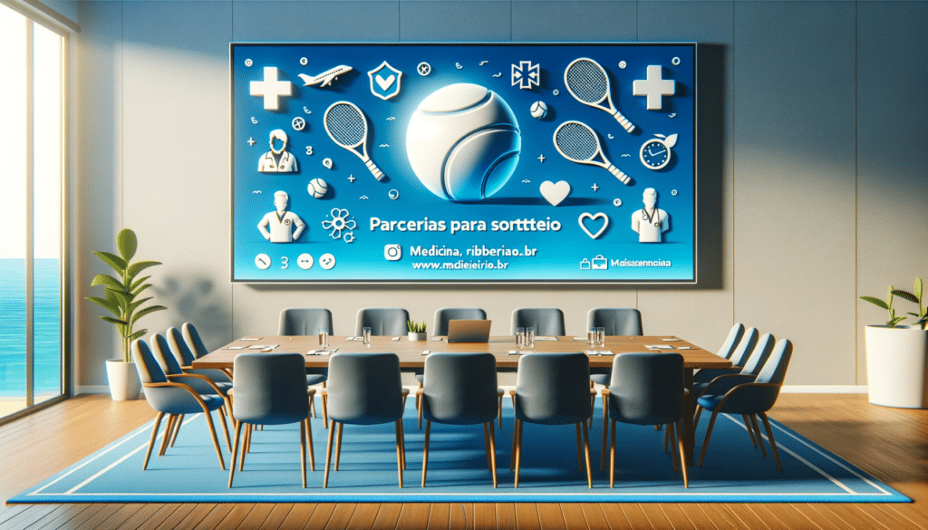 Portal Medicina Ribeirao Photo of a professional meeting room with a large table chairs and a digital presentation screen displaying the text Parcerias para Sorteio along