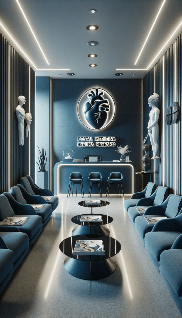 Portal Medicina Ribeirao Vertical render of a modern cardiac surgeons waiting room. Plush seating options are available for patients with medical magazines on glass tables