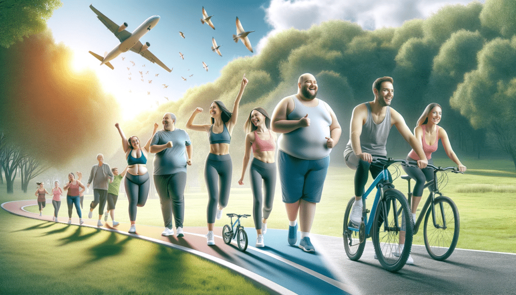 Positive and uplifting horizontal image representing the theme of overweight. The image features individuals with a slight excess of weight depicte