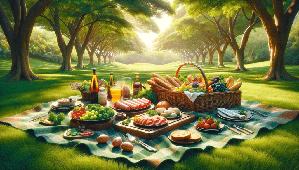 Uma imagem realista e ampla de um piquenique ao ar livre em um parque ensolarado. A cena mostra uma toalha xadrez grande espalhada sobre a grama verde Alimentos Ricos em Vitamina D