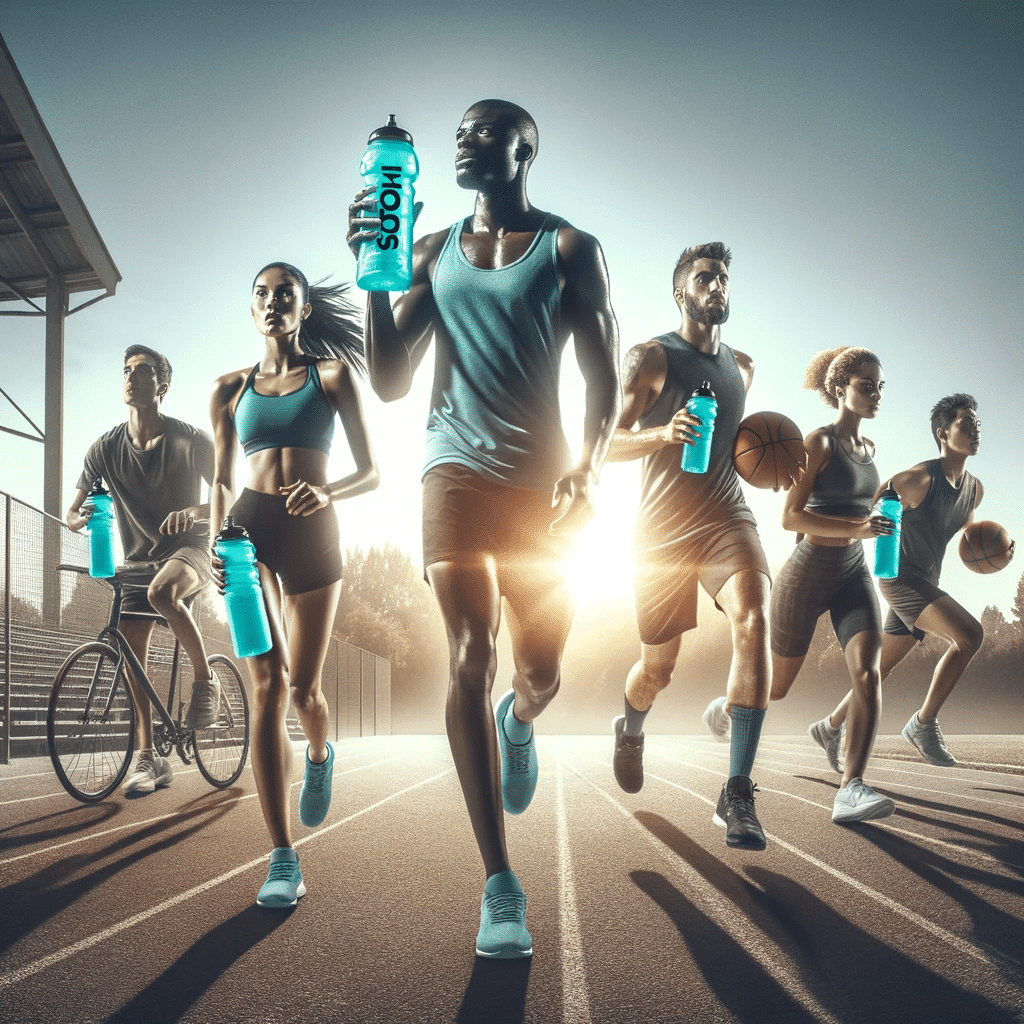 Visualize a sports hydration theme with a focus on isotonic drinks for athletes. The image should depict a diverse group of athletes including a Whit 2