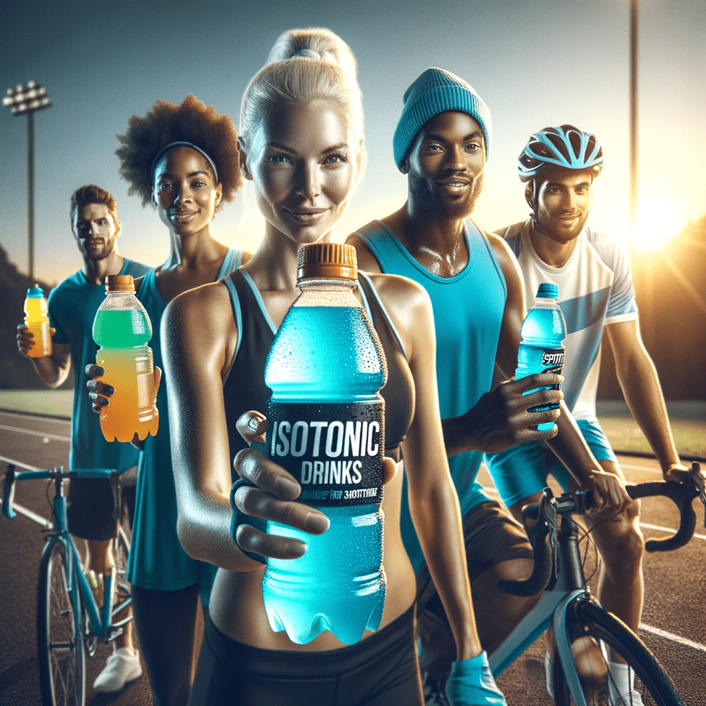 Visualize a sports hydration theme with a focus on isotonic drinks for athletes. The image should depict a diverse group of athletes including a Whit