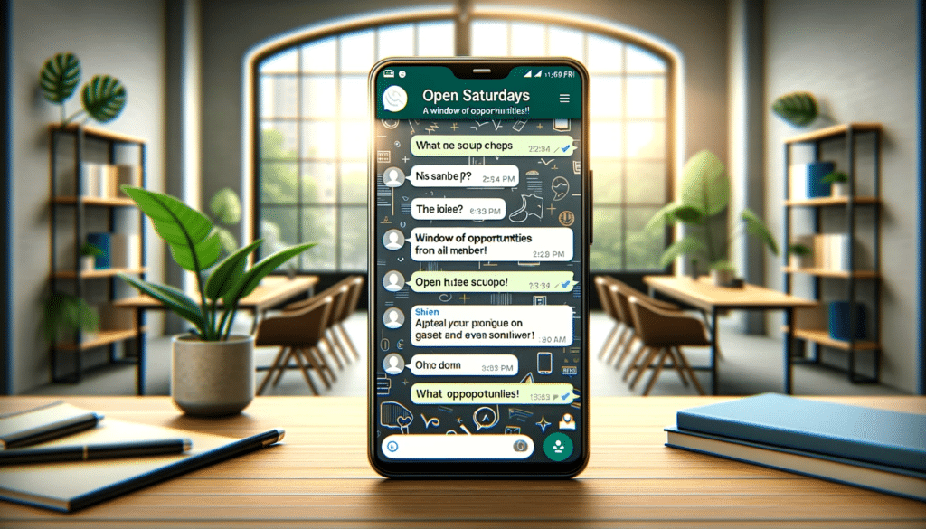 Wide illustration of a smartphone on a desk showing a WhatsApp group chat for Open Saturdays A Window of Opportunities for All Members. The conve