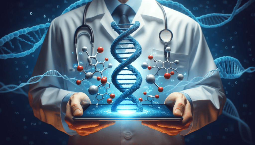Wide photo of a clinician in a lab coat holding a ciano-blue digital tablet displaying a 3D model of a Lipoprotein(a) molecule, with DNA strands in th