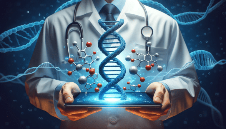 Genética e Lp(a): O que você precisa saber 7 Wide photo of a clinician in a lab coat holding a ciano-blue digital tablet displaying a 3D model of a Lipoprotein(a) molecule, with DNA strands in th