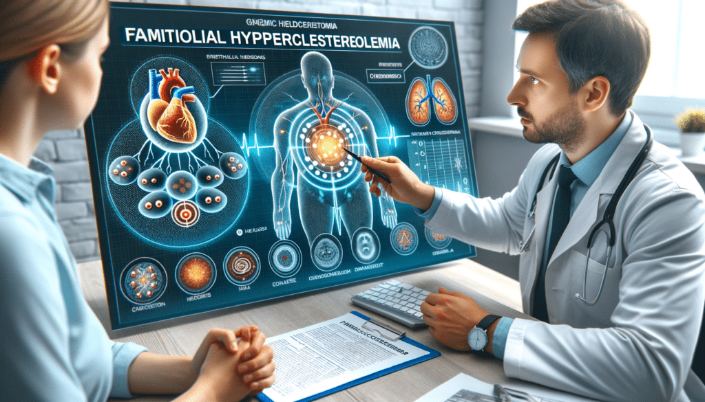 Wide photo of a doctor consulting with a patient about familial hypercholesterolemia, displaying a detailed medical chart highlighting the genetic asp