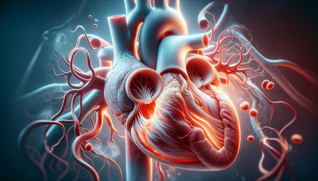 Wide photo of a high-resolution 3D rendered image of the human heart with a detailed focus on the aortic valve, illustrating the pathological features