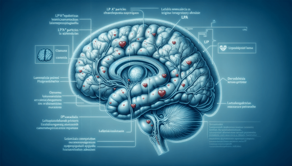 Wide photo of a medical illustration in ciano-blue tones showing the cross-section of a brain with detailed depiction of Lp(a) particles contributing