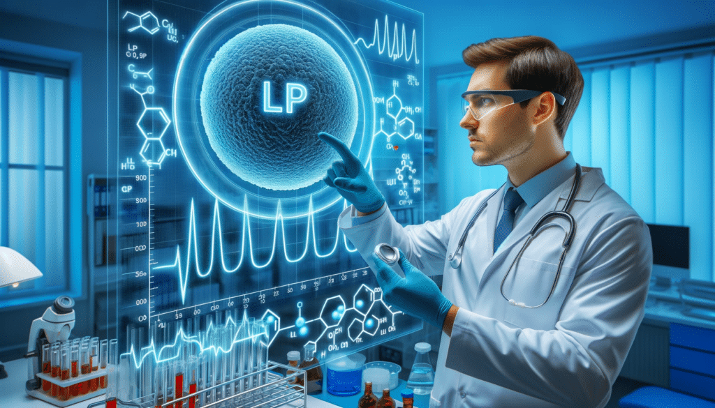 Wide photo of a medical professional in a lab examining a ciano-blue 3D graph showing the cholesterol levels in various Lipoprotein particles, with a