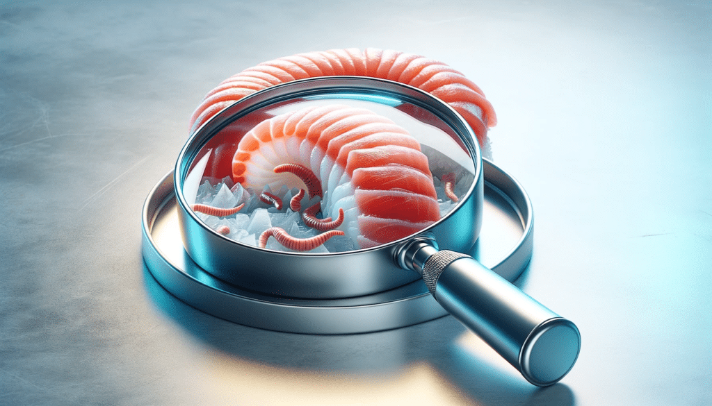 a realistic, high-resolution image of a magnifying glass closely examining a slice of sashimi on a clean, sophisticated background. The scene shows Difilobotríase