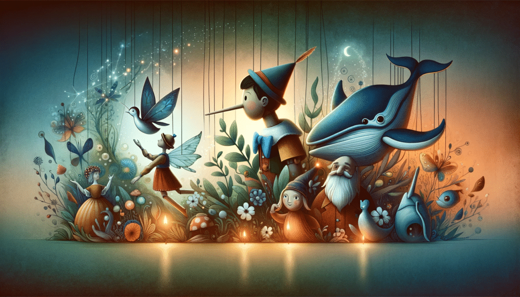 A captivating horizontal cover image for a post featuring key elements from the story of Pinocchio. The image includes Pinocchio as a puppet Gepetto