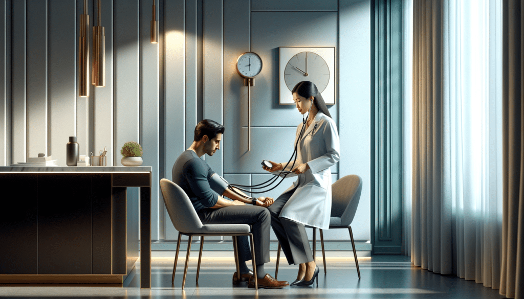 A detailed horizontal image of a modern sophisticated medical office. In the center a South Asian female doctor in a crisp white coat is using a sp
