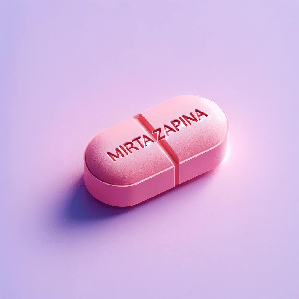 A digital illustration of a pink tablet with the word MIRTAZAPINA embossed on it lying against a smooth lavender background. The tablet is designed
