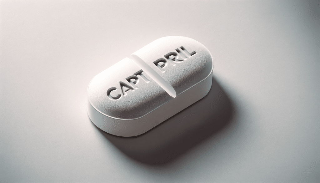 Ilustração digital de um comprimido branco com "Captopril" em relevo
