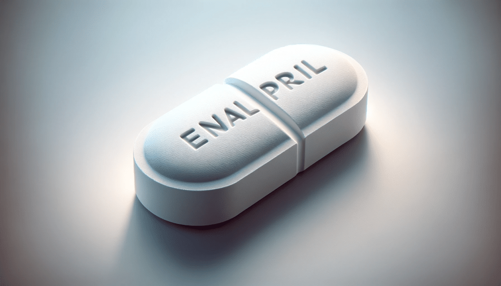 A digital illustration of a white tablet with the word ENALAPRIL embossed on it positioned horizontally against a subtle gray background. The table