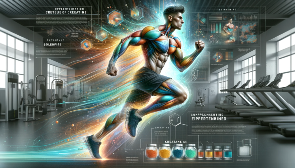 A dynamic and informative illustration about the supplementation of creatine depicting an athlete in the midst of an intense workout. The image highl