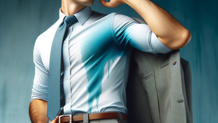 A high resolution professional horizontal image depicting a person with hyperhidrosis showing subtle underarm sweat. The individual a mix of Caucas