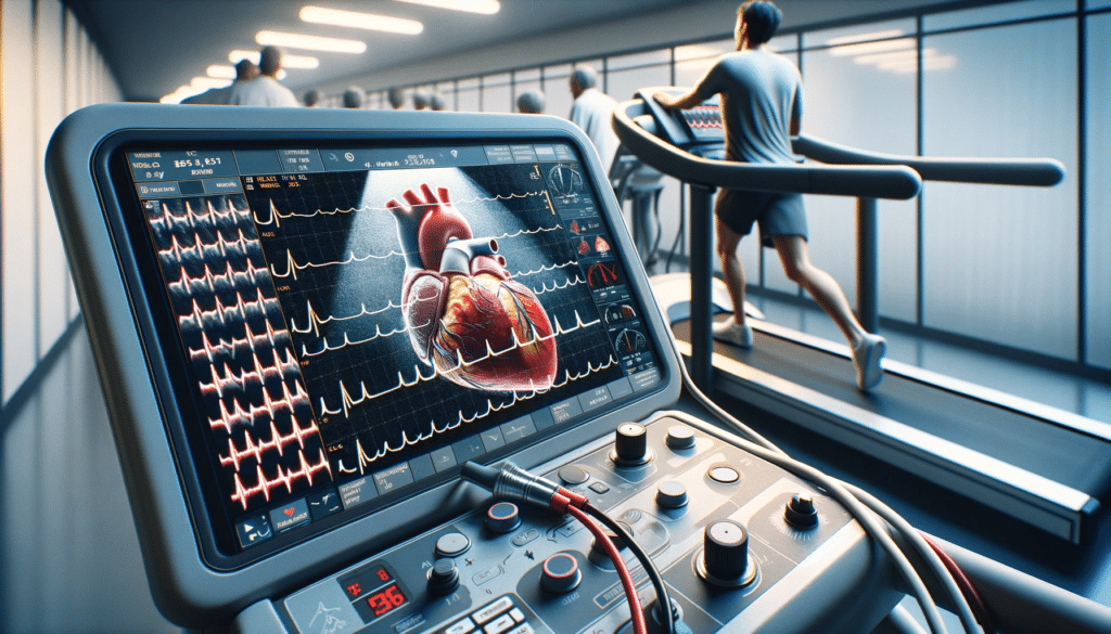 A highly detailed realistic horizontal image depicting myocardial ischemia detection during a treadmill stress test but this time with an echocardi