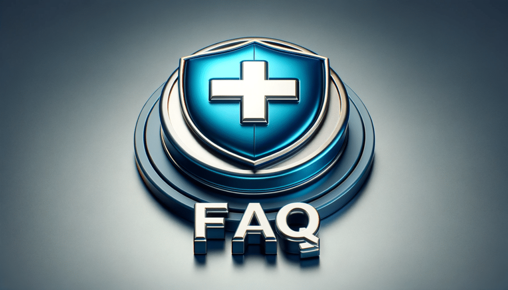 ilustração com logotipo do Portal Medicina Ribeirão Preto com escudo e cruz de saúde, com aspecto 3D de botão e escrito FAQ, para perguntas e respostas sobre o tema