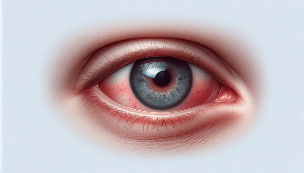 A horizontal realistic illustration of a human eye with subtle redness indicative of mild conjunctivitis capturing the natural look of the eye witho