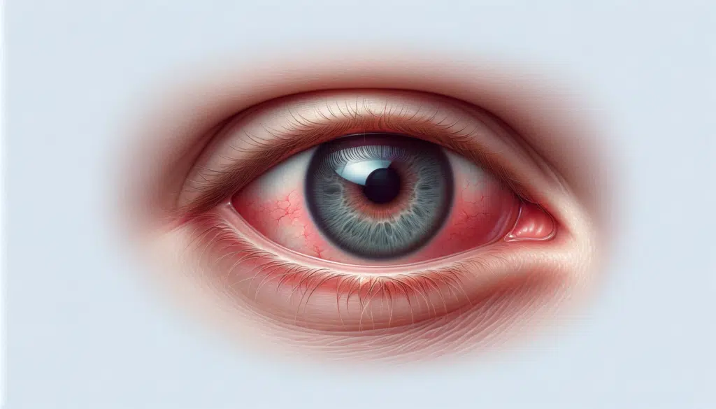 A horizontal realistic illustration of a human eye with subtle redness indicative of mild conjunctivitis capturing the natural look of the eye witho