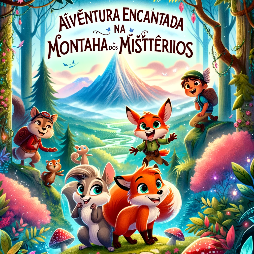 A magical and enchanting cover for the story Aventura Encantada na Montanha dos Misterios featuring Leo the squirrel Robia the fox and their frie