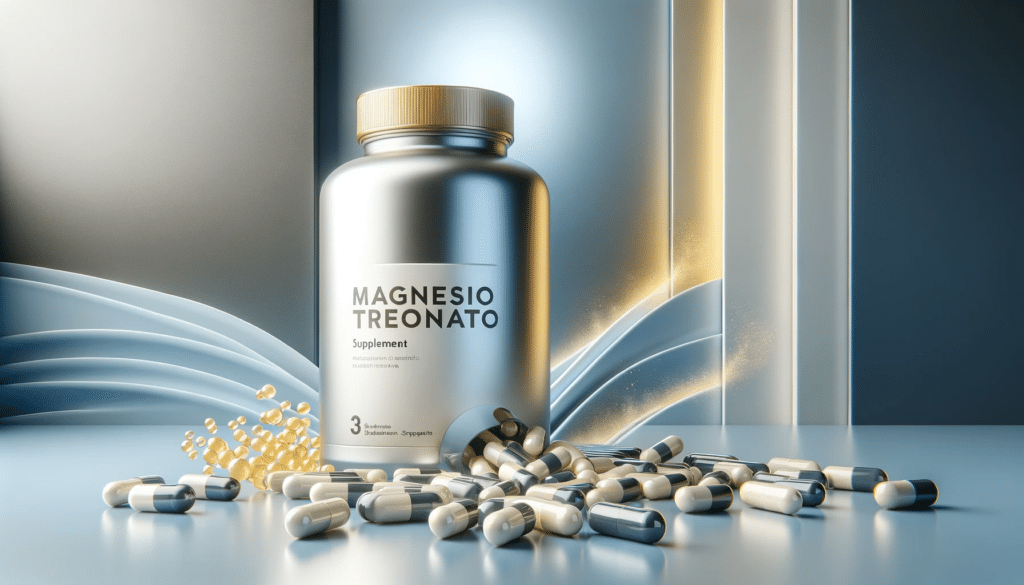 A realistic 3D rendering of a magnesio treonato supplement bottle with capsules spilling out in a clean and sophisticated setting with a background b