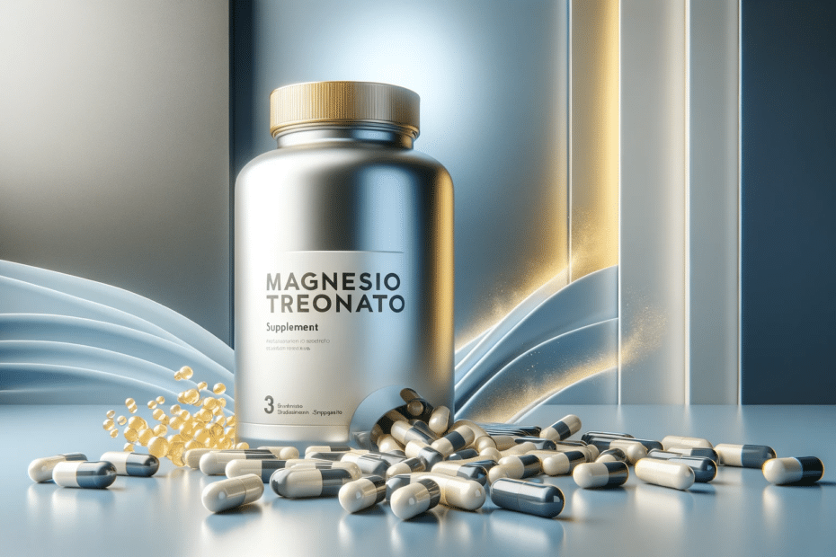 A realistic 3D rendering of a magnesio treonato supplement bottle with capsules spilling out in a clean and sophisticated setting with a background b