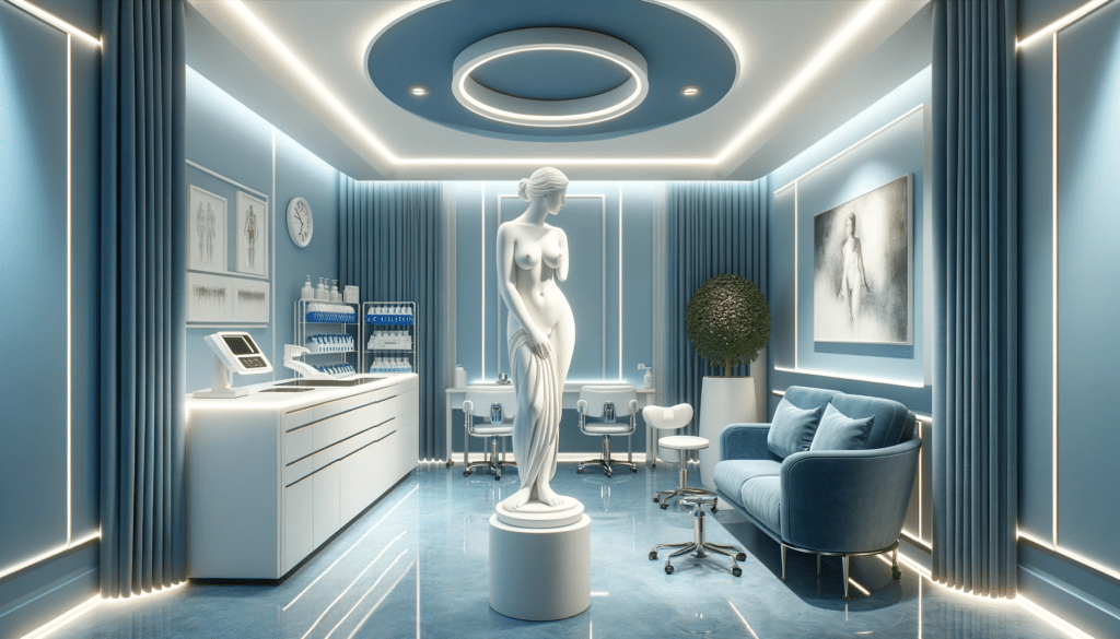 A realistic high resolution image of an elegant and modern medical consultation room. The room is designed with a ciano blue and white color scheme