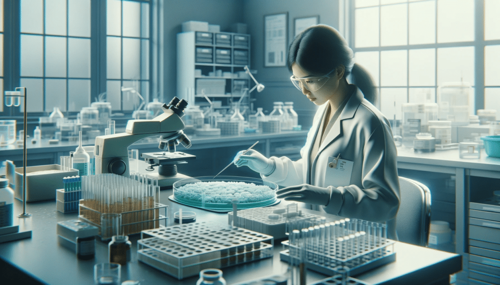 A realistic image depicting a scientist of East Asian descent in a real world laboratory environment carefully analyzing a culture dish with antibiot
