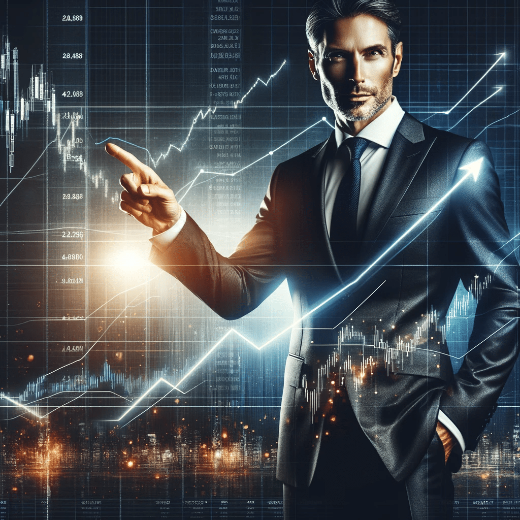 A sophisticated and powerful image that conveys a sense of opportunity and confidence in investment. The image features a male figure in his 40s wit