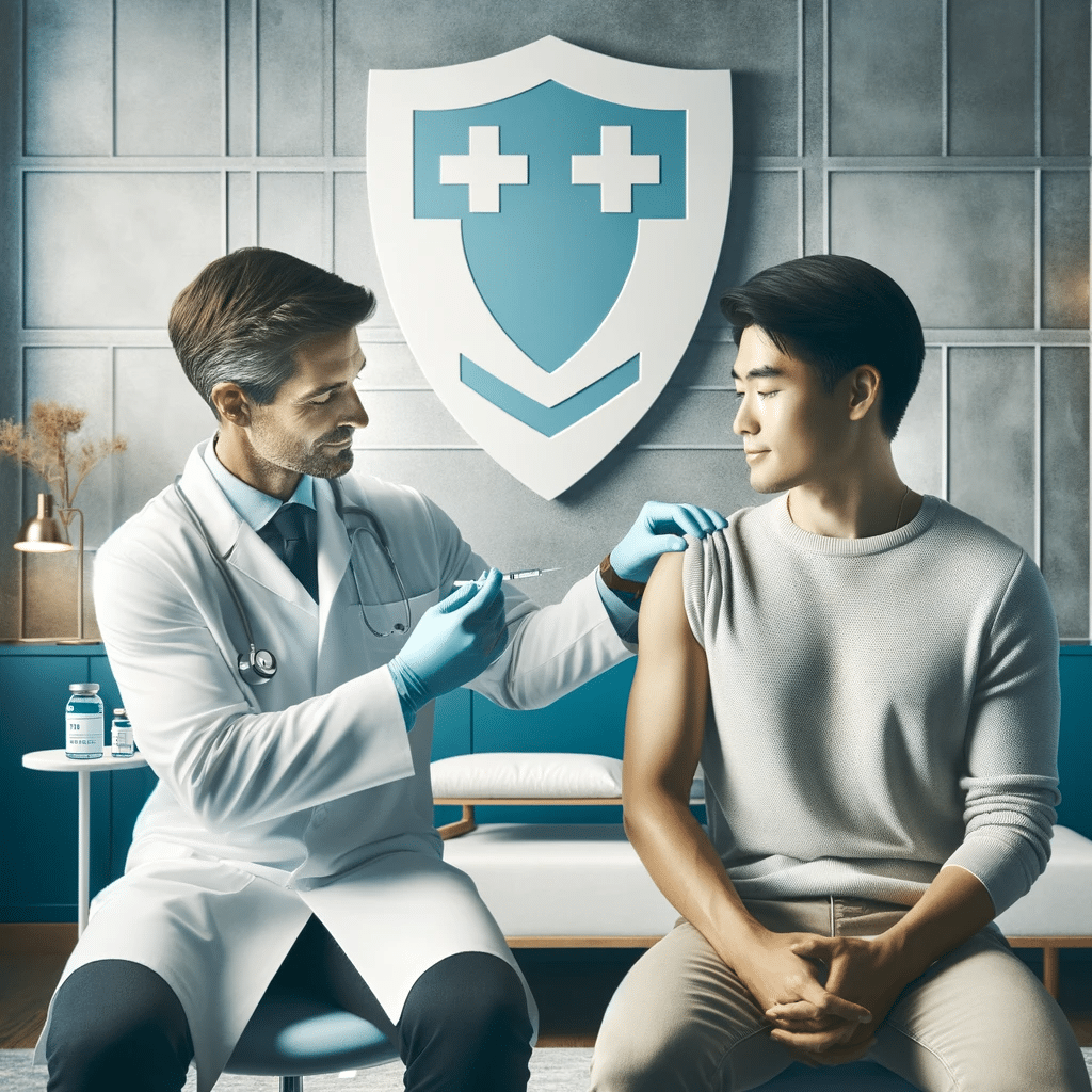 A sophisticated clean high resolution image of a flu vaccination scene. The setting is a modern well lit clinic with a minimalist design. A friendl