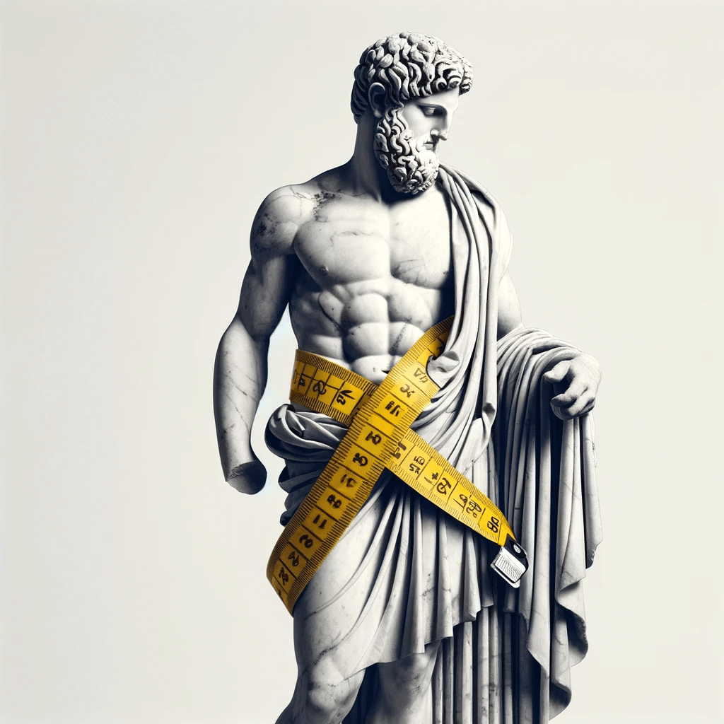 A statue in the style of ancient Greek sculpture depicted with a tape measure around its waist. The statue skillfully carved from marble showcases
