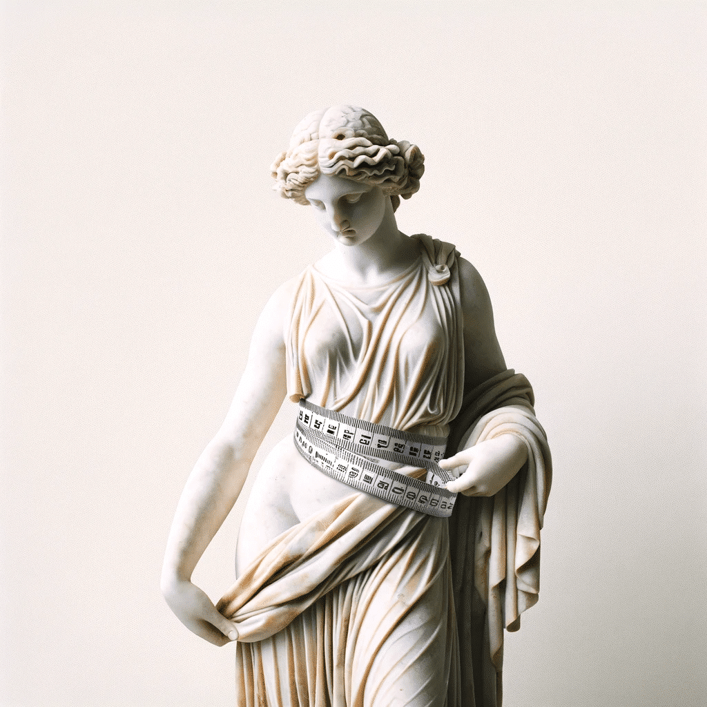 A statue in the style of ancient Greek sculpture depicting a female figure with a tape measure around her waist. The statue exquisitely carved from